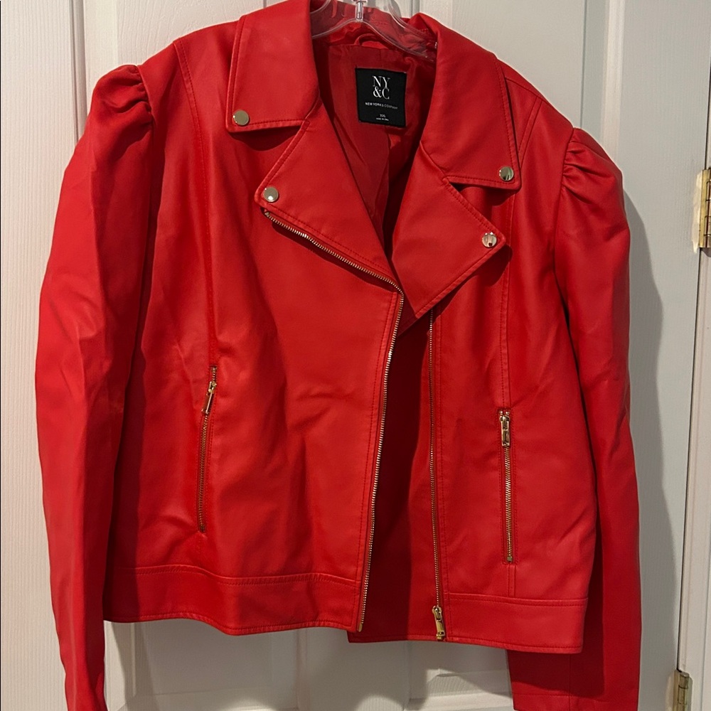 NY and Co puffed sleeved Red Faux Leather Jacket